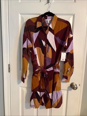 Nine West Burgundy Multi Geometric Tie-Waist Shirt Dress